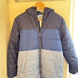 Colorblock Puffer Jacket in Dark Blue, Periwinkle & Light Blue